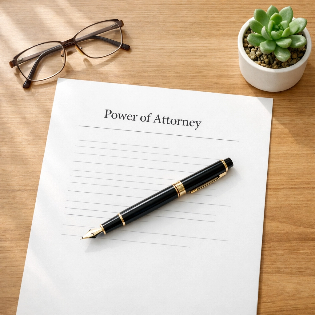 Power of Attorney document on desk ready for signature with pen and reading glasses