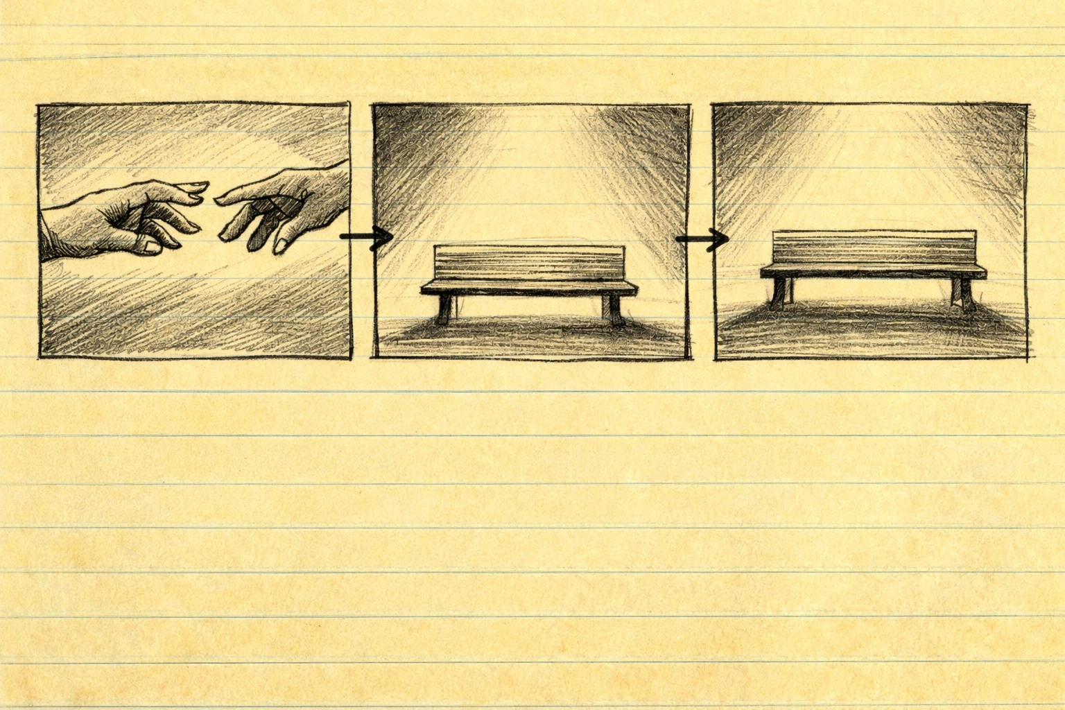 Storyboard sequence illustrating split-POV storytelling: two figures, near-touching hands, an empty bench