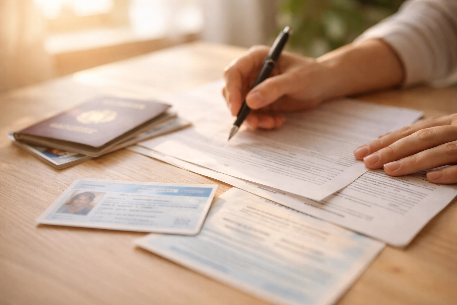 Hands review identity documents on a table, illustrating transgender legal processes like name and gender changes.