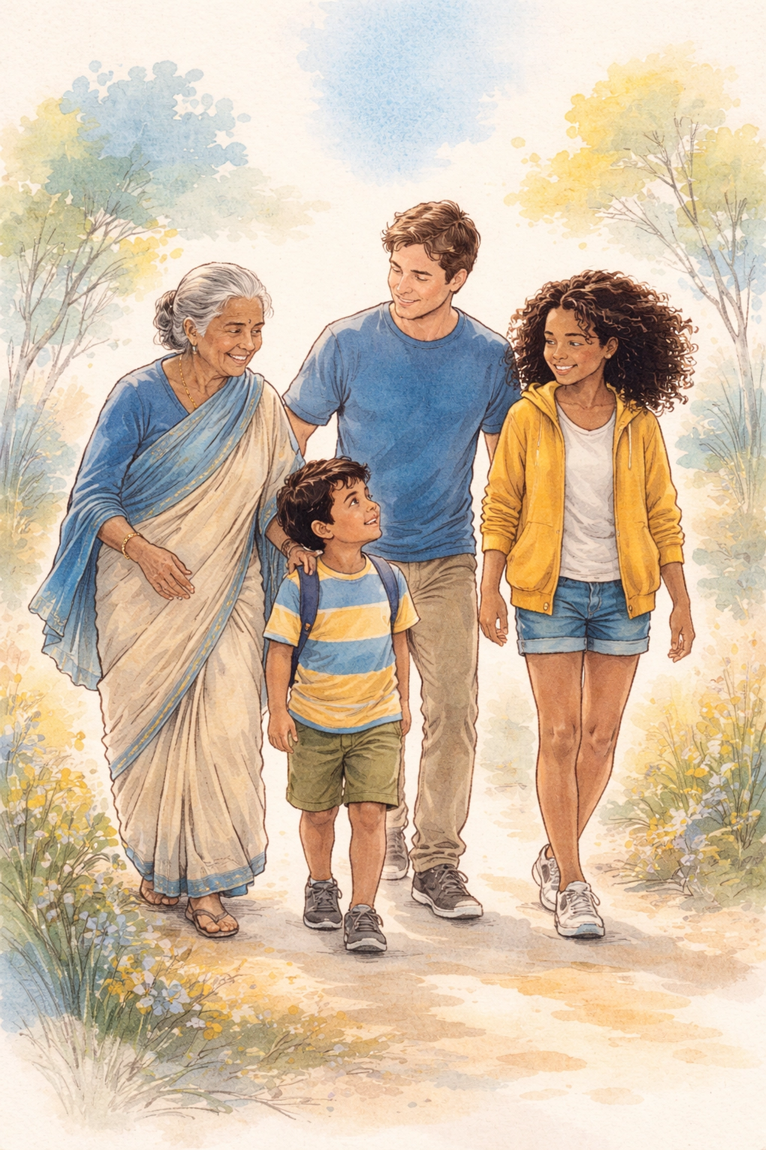 Hand-drawn illustration of a multigenerational, diverse group enjoying a nature walk, highlighting inclusive community and spiritual connection.