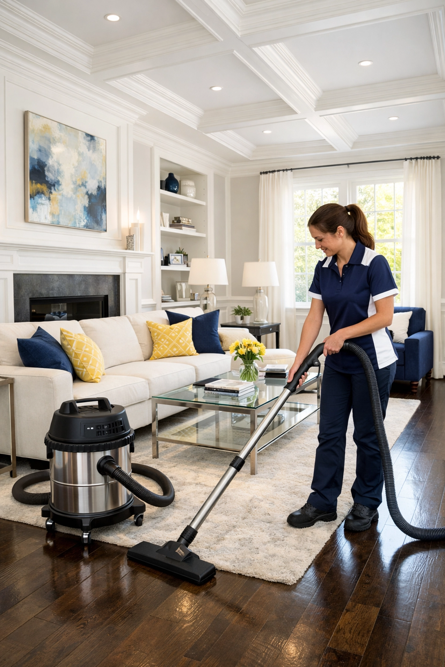 Professional post-construction cleaning services using HEPA vacuum on hardwood floors in Newton MA