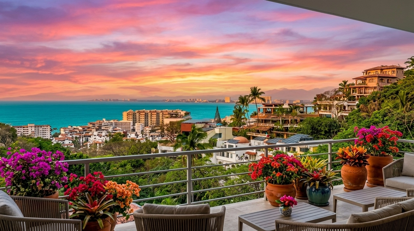A vibrant condo balcony in Amapas overlooking Banderas Bay
