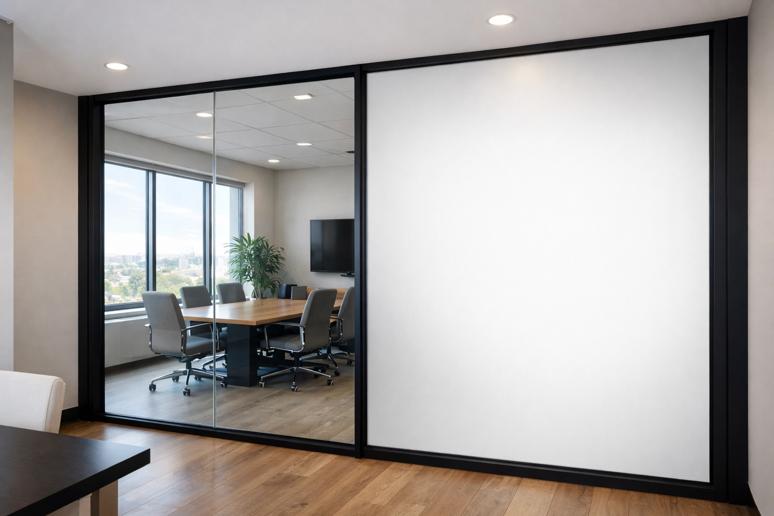 Modern office conference room with switchable smart glass panels showing clear and frosted privacy modes