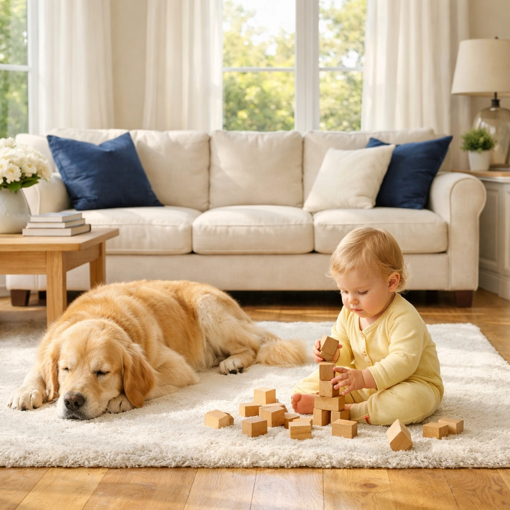 Safe, eco-friendly house cleaning in a Bolton living room with a child and pet on a clean rug.