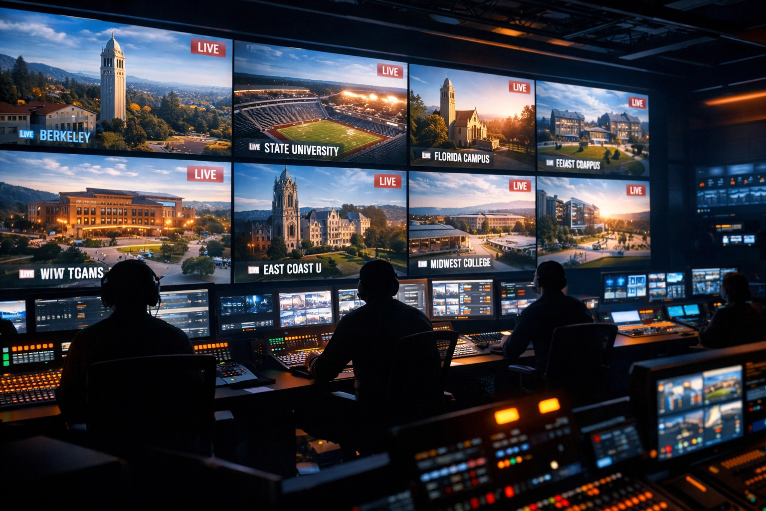 Sporttron digital media network control room monitoring live campus feeds across college markets