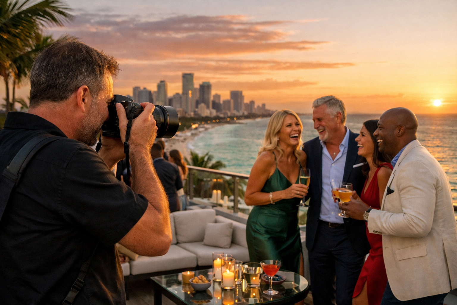 Professional Miami event photographer capturing a sunset rooftop cocktail reception in South Beach.