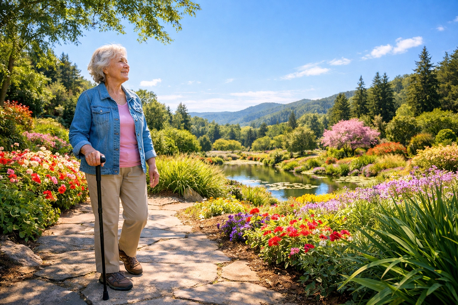 An active senior woman walking confidently with a cane through a beautiful sunny botanical garden.