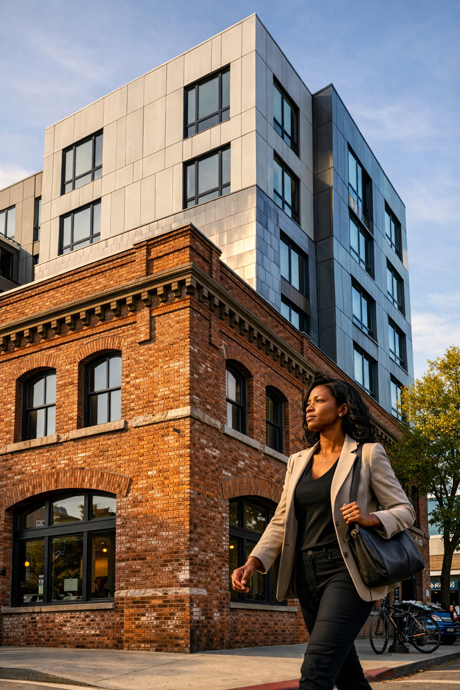 Architectural view of 2449 Dwight Way in Berkeley blending historic masonry with modern GFRC cladding expansion.