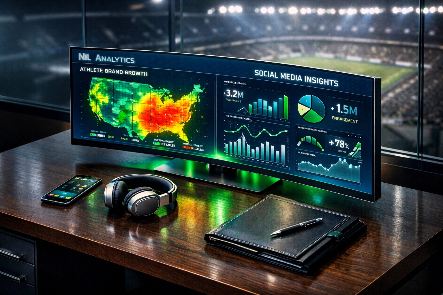 Professional sports agent desk with branding analytics representing career growth in the NIL industry.