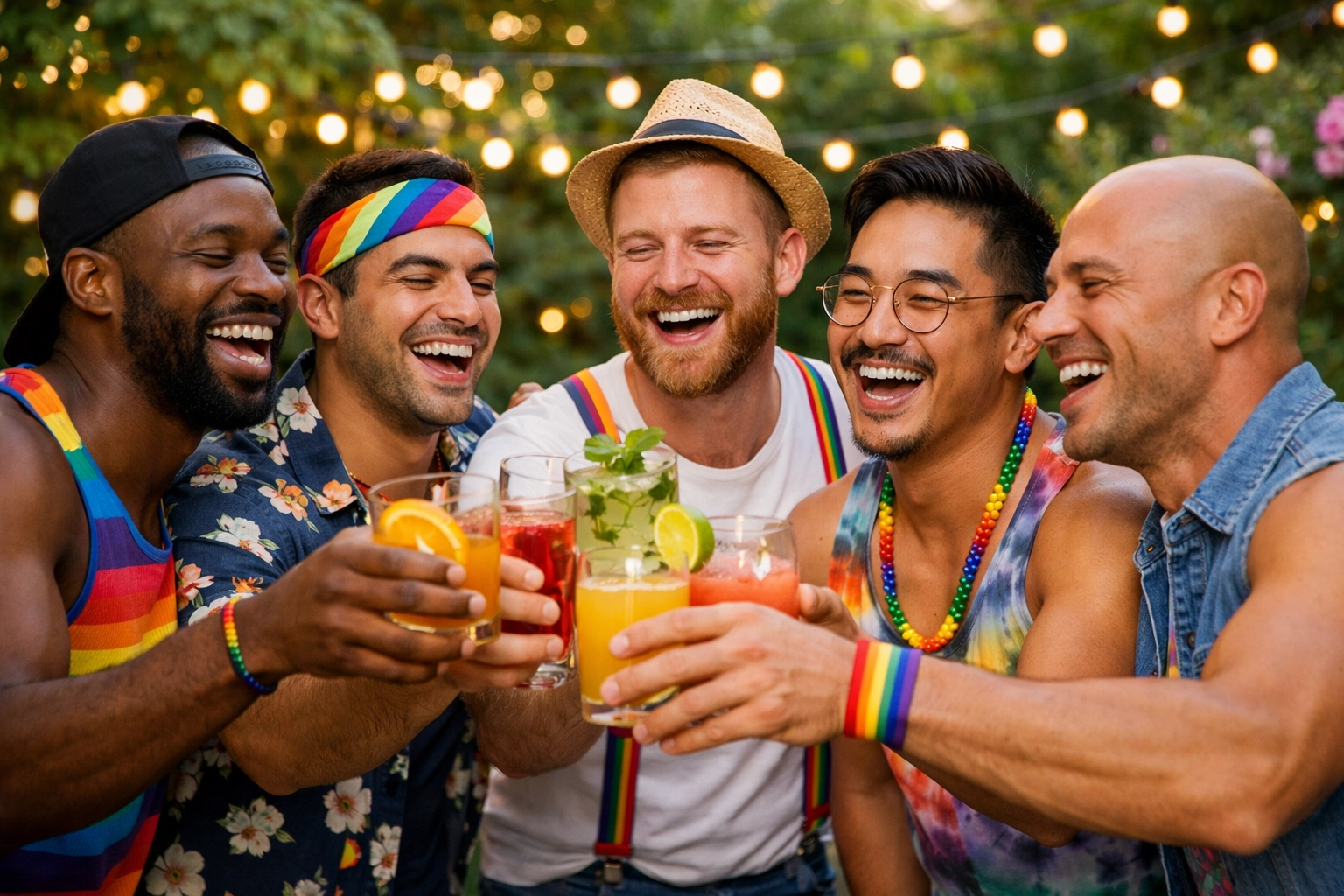 A diverse group of queer men laughing at a garden party, celebrating the LGBTQ+ reading community.