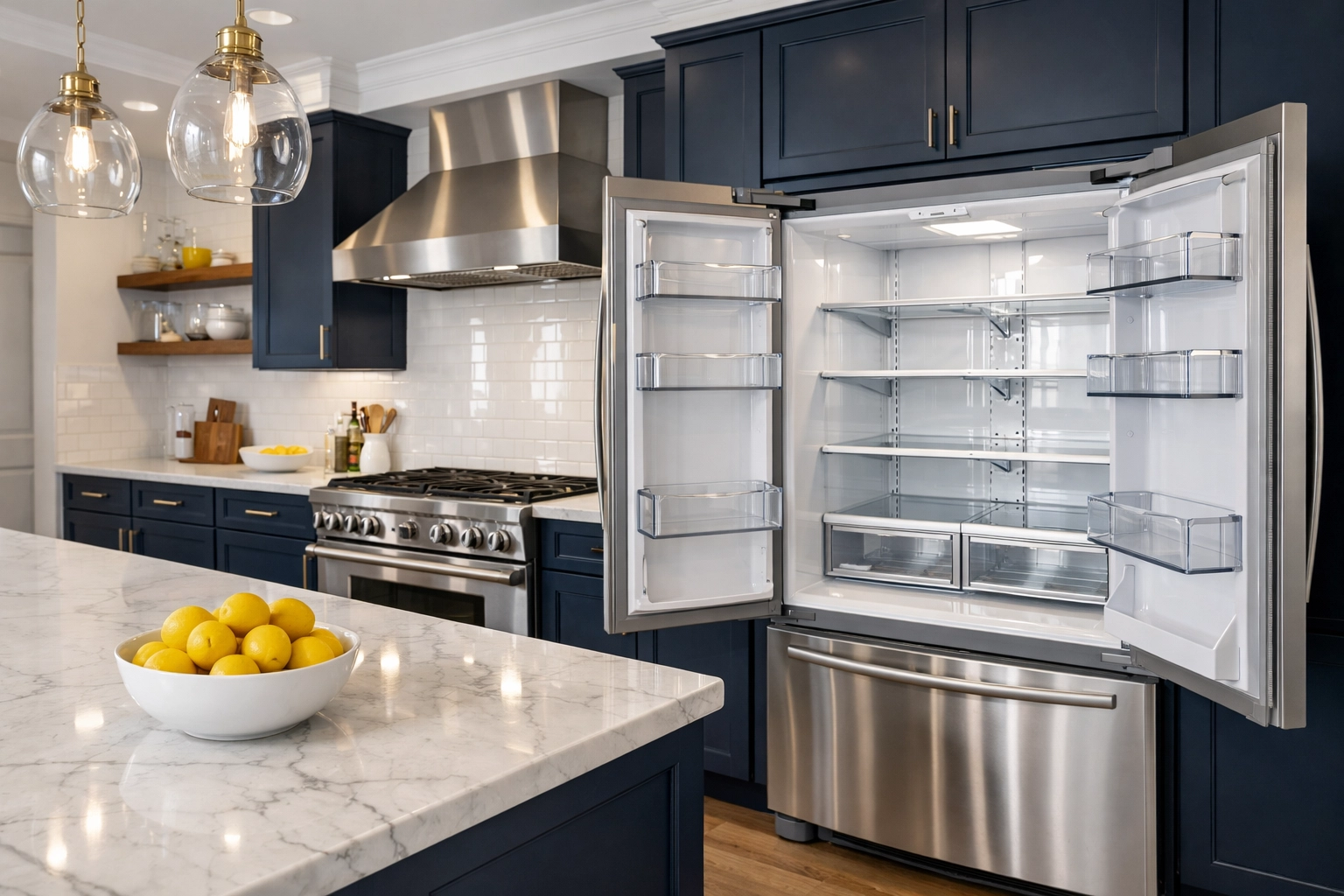 Spotless modern kitchen with clean stainless steel appliances after a professional Boston move-out cleaning service.