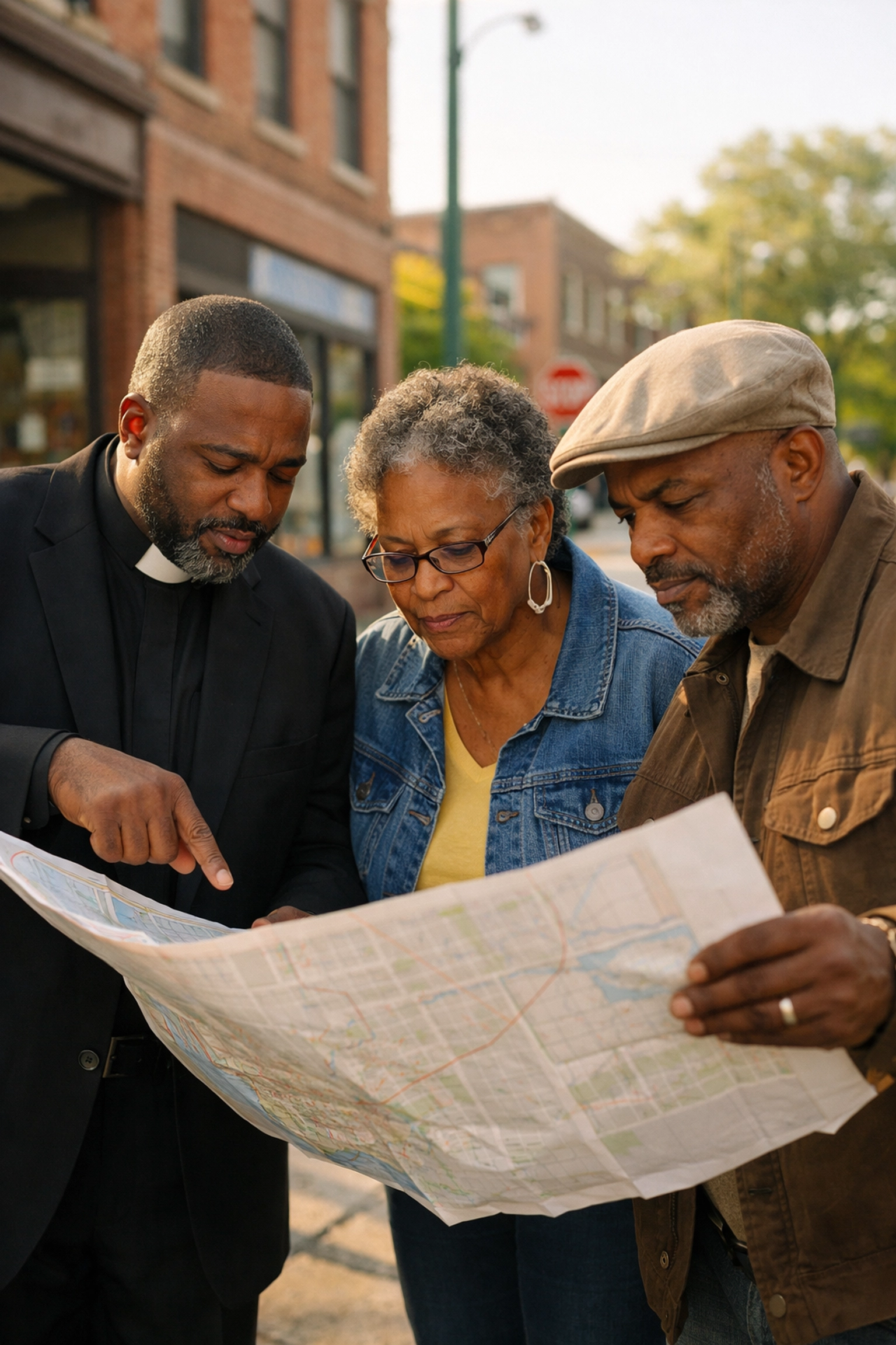 Church leaders using a neighborhood map for community impact measurement in the square mile model.