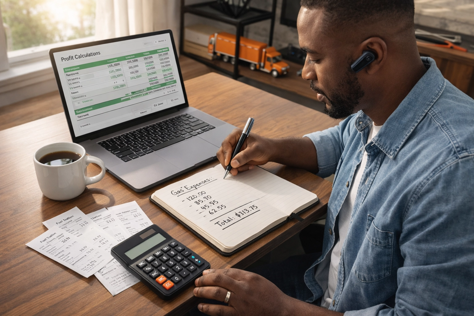 Trucking business cost calculation workspace with calculator, receipts, and profit spreadsheet