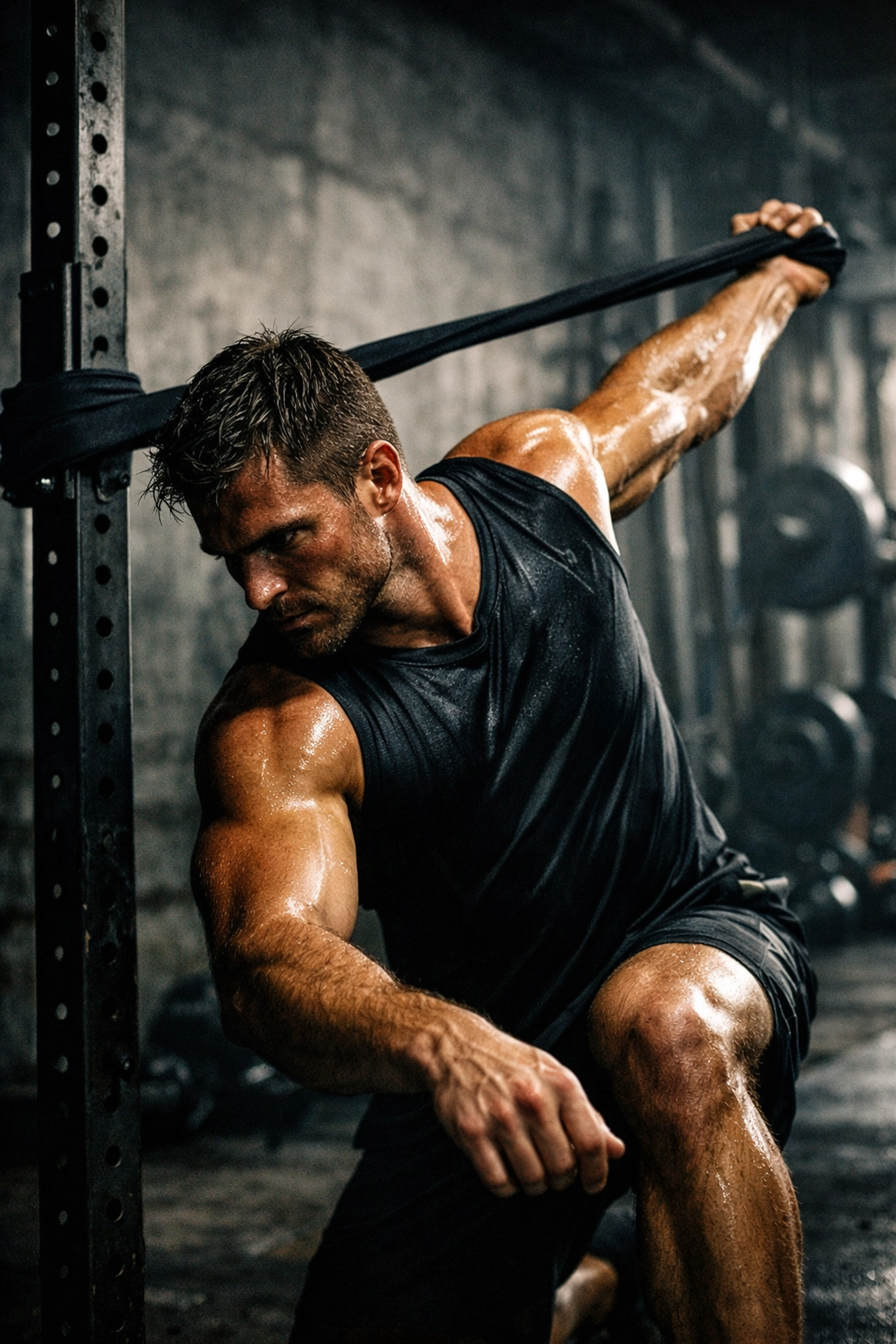 Athlete performing a shoulder mobility stretch with resistance bands on a fitness rail in a home gym.