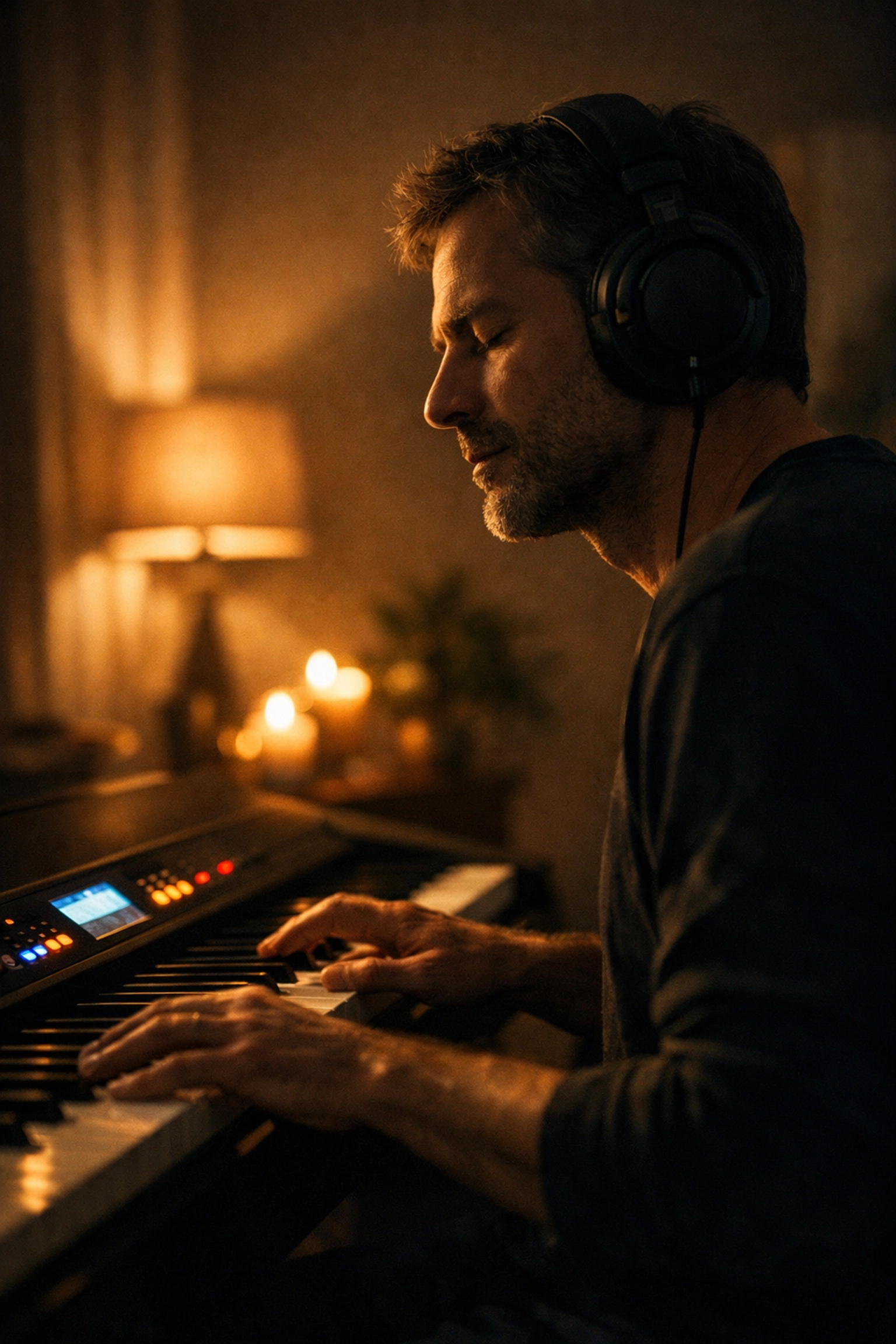 Adult learner practicing digital piano with headphones at home for focus and wellness.