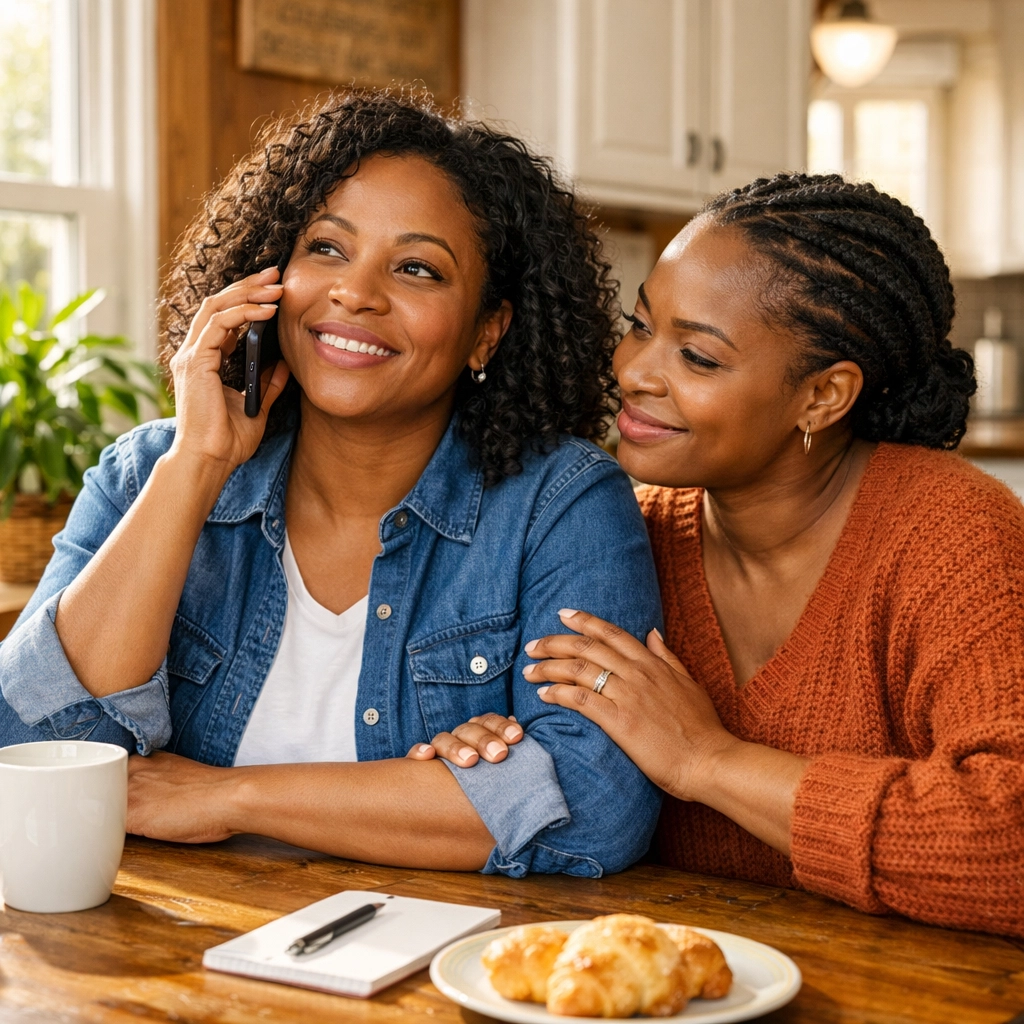 A Black woman calls 211 for emergency housing assistance in South Jersey while a friend offers support.