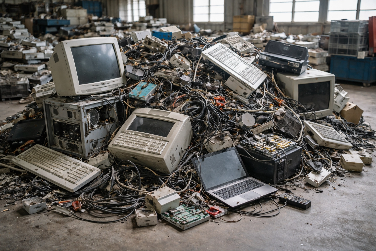 A pile of discarded electronic waste including keyboards and monitors at a recycling center, highlighting proper e-waste disposal in Northamptonshire.