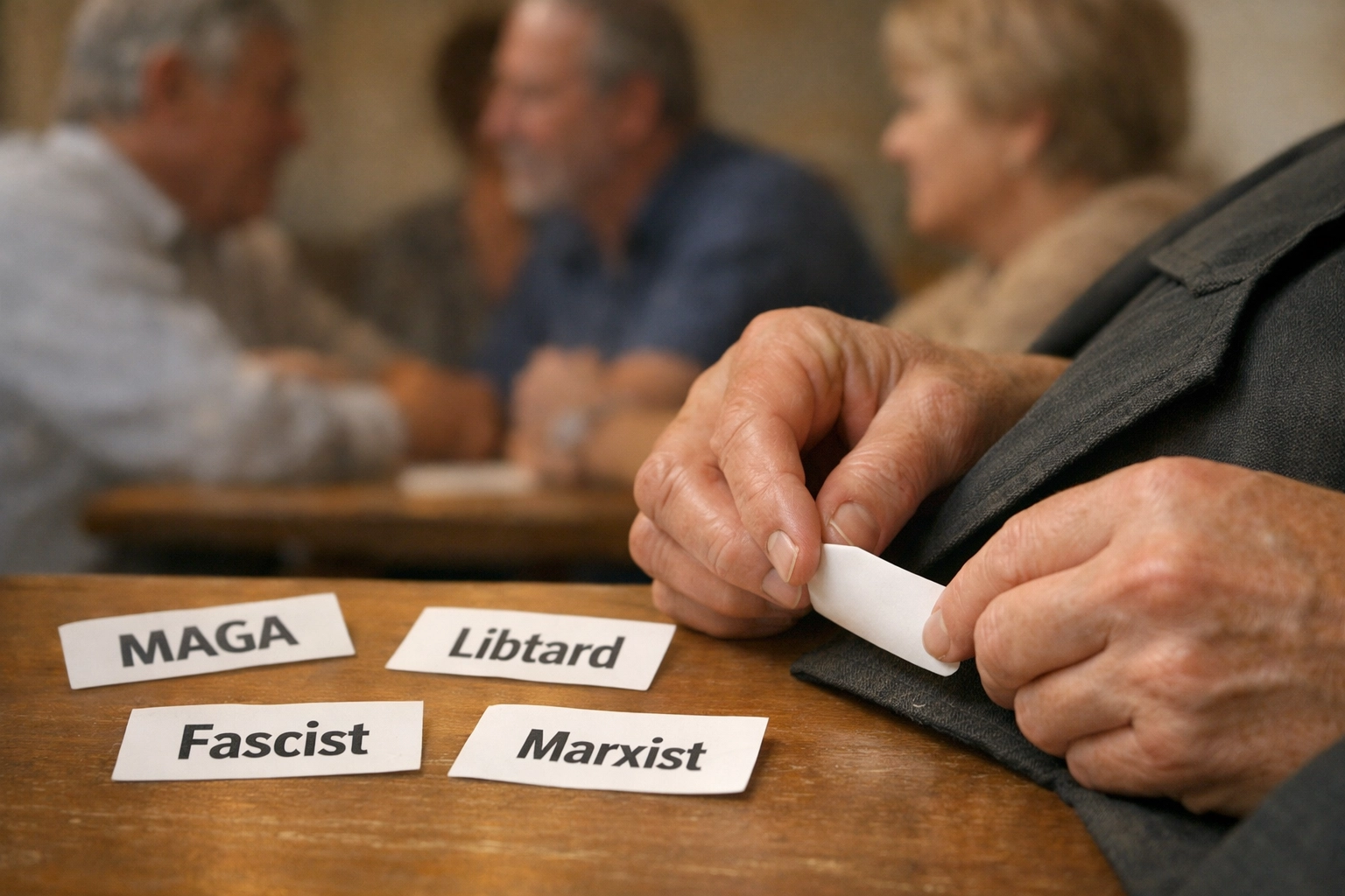 Plain paper name tags reading “MAGA,” “Libtard,” “Fascist,” “Marxist” on a table as hands gently remove one label, warm documentary light