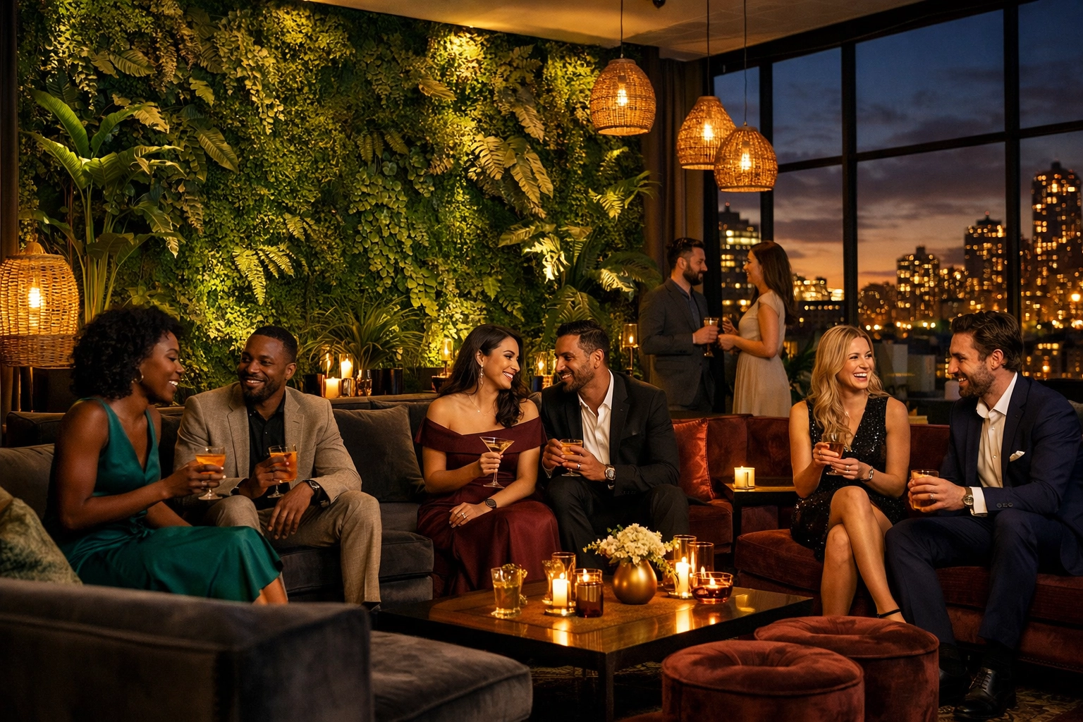 Modern luxury event space with living green wall and biophilic design for sustainable celebrations