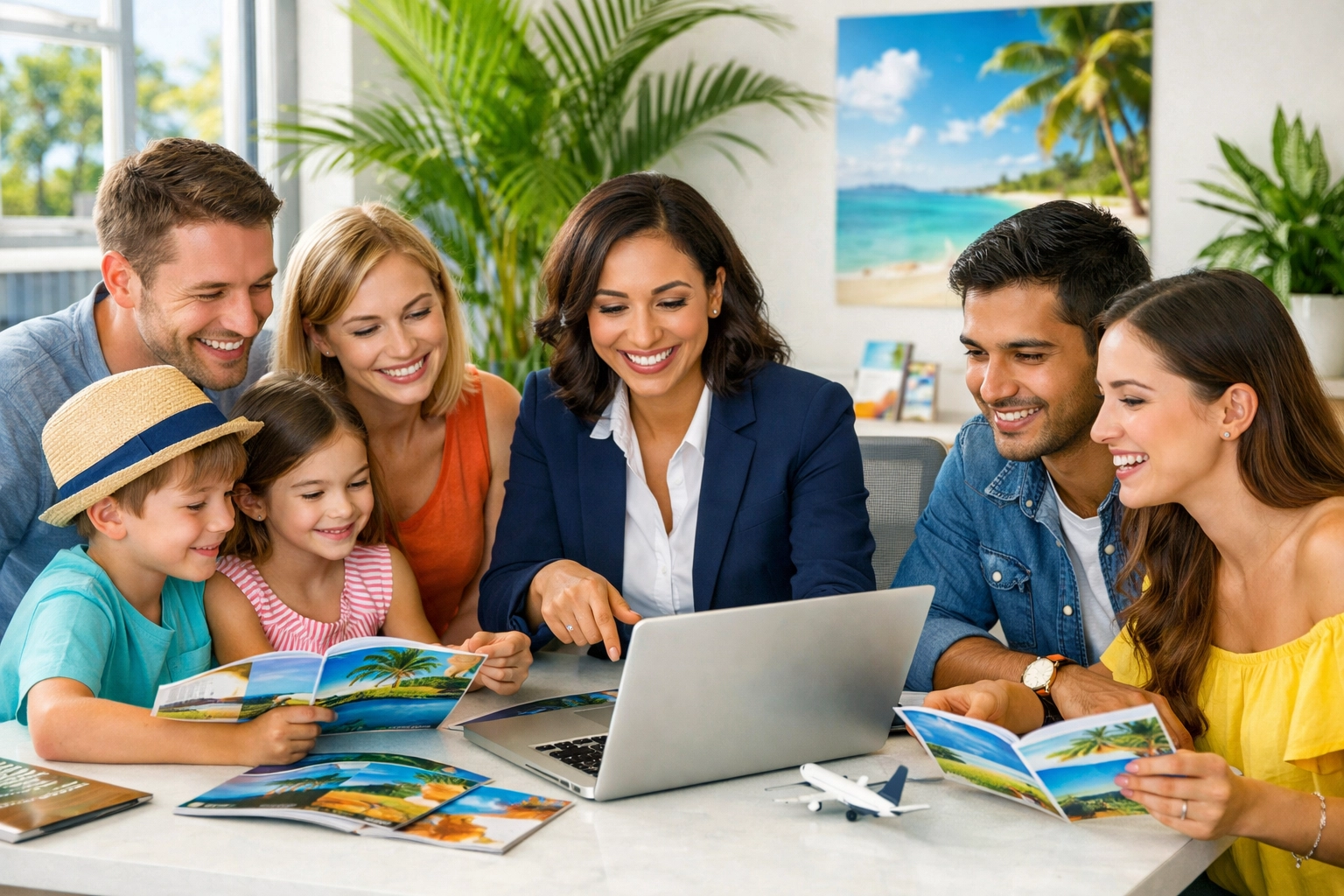 Travel agency consultation with family planning all-inclusive holidays and city breaks