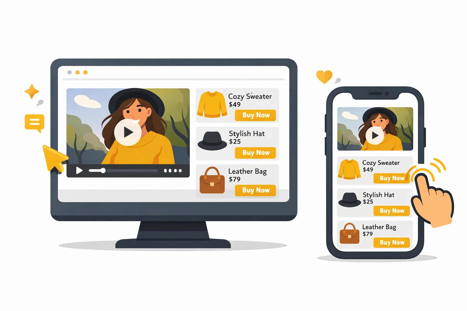 Shoppable video interface displayed on desktop and mobile devices for cross-platform shopping