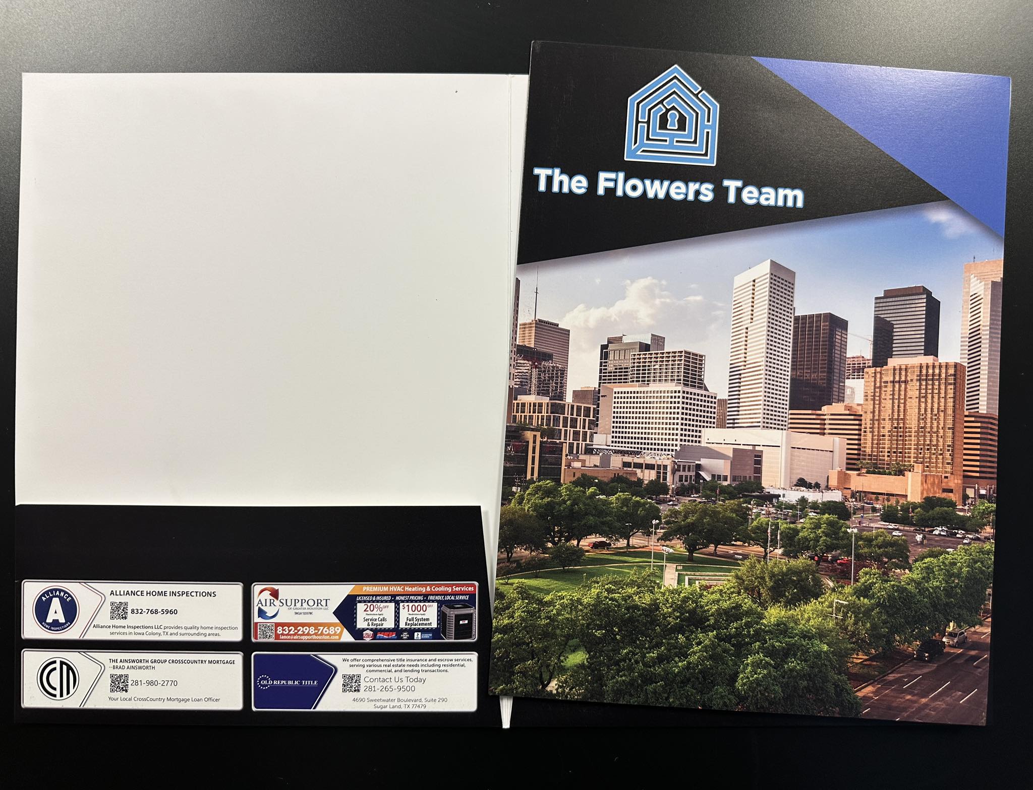 Custom real estate presentation folder for The Flowers Team
