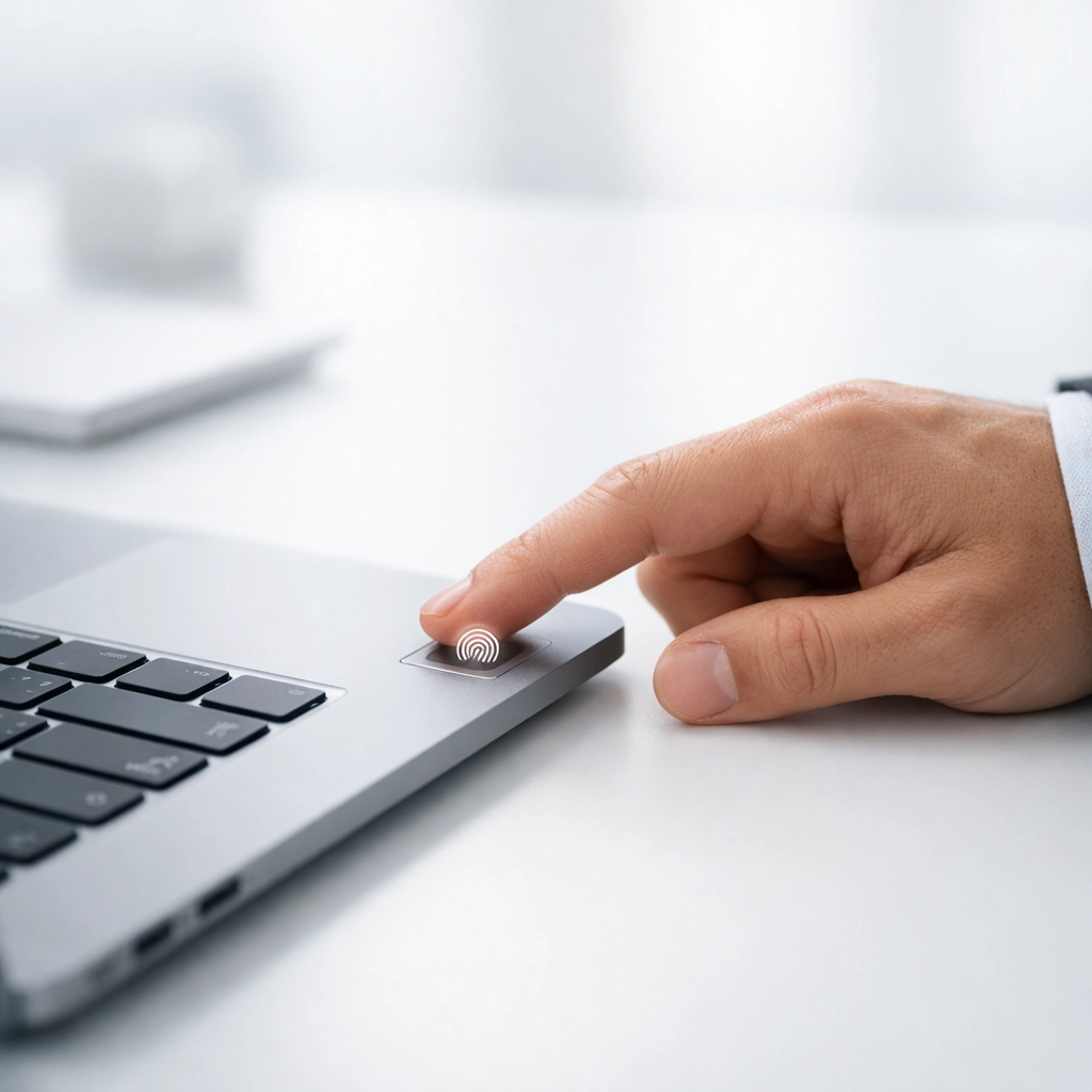 Tax professional using biometric laptop security for identity theft protection and client data safety.