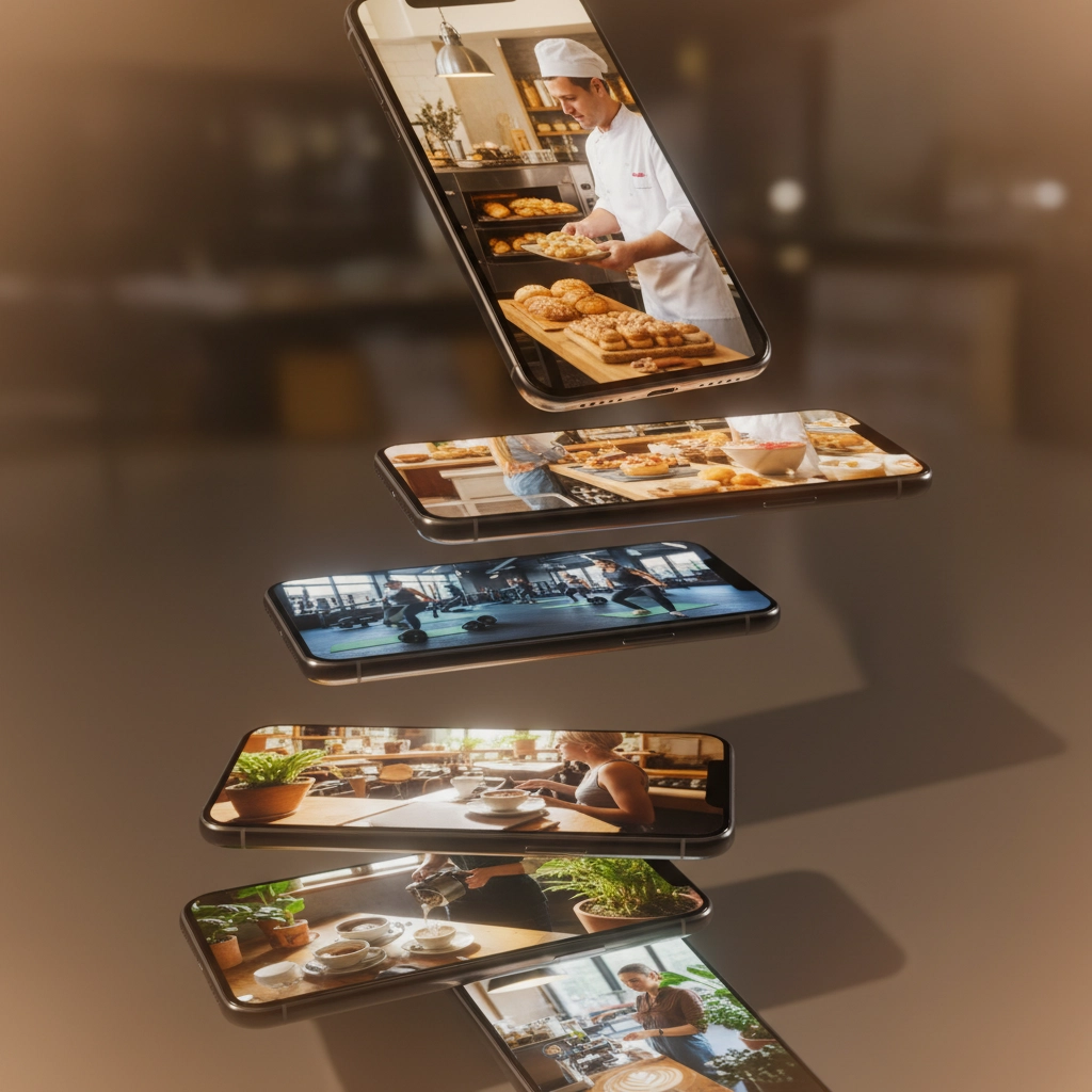 A creative display of various lifestyle snippets captured on smartphones, highlighting a chef baking, gym sessions, and coffee shop moments, illustrating diverse aspects of modern life.


