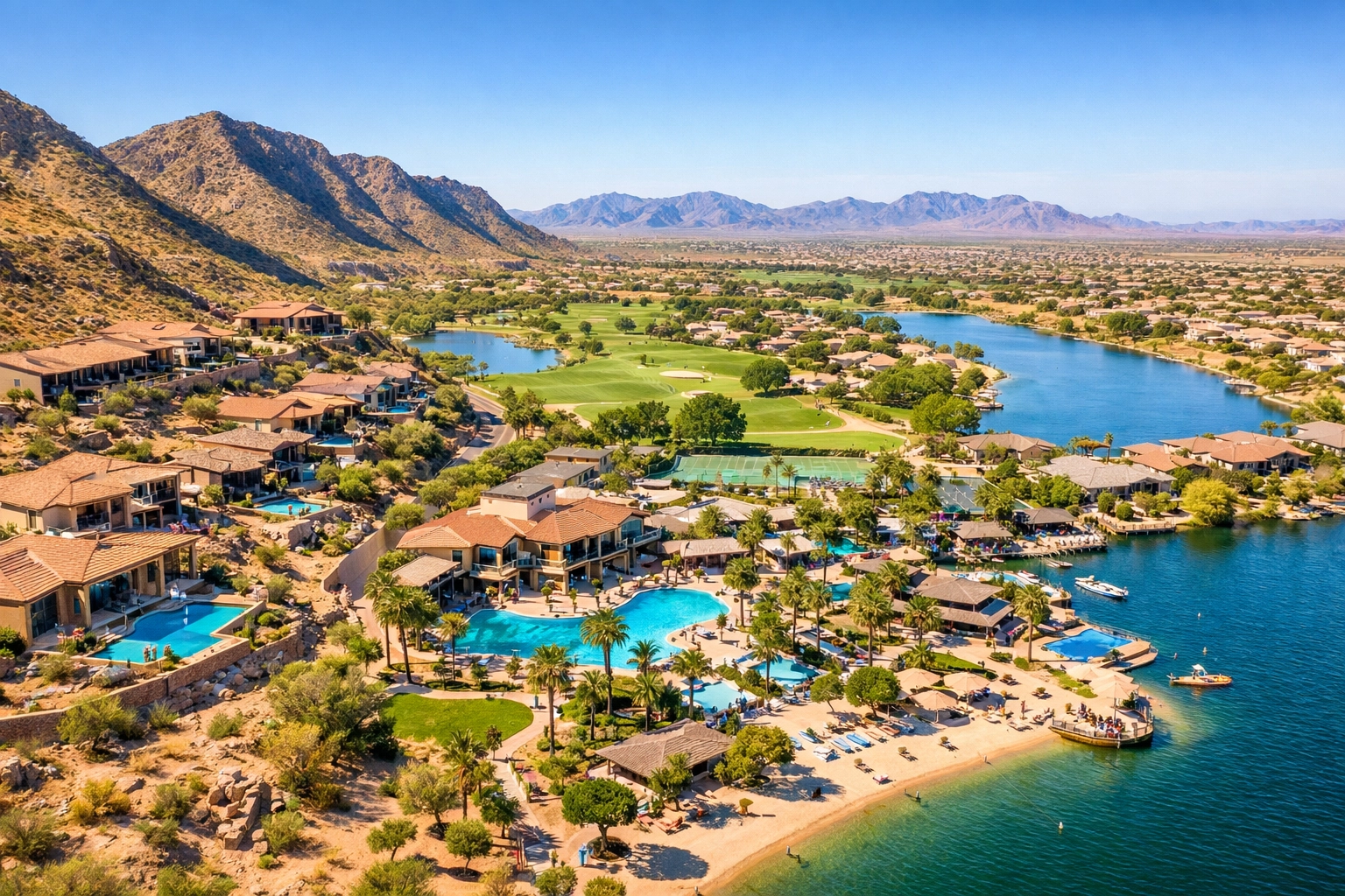 Aerial view of three Buckeye AZ 55+ communities showing hillside homes, golf courses, and lakeside living