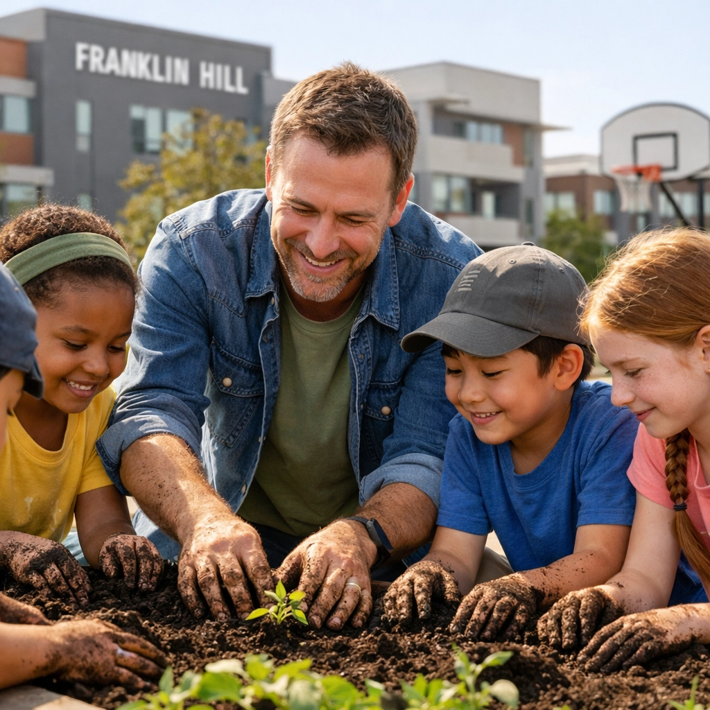 Intergenerational group gardening at Franklin Hill, utilizing community resources in Dorchester for social impact.