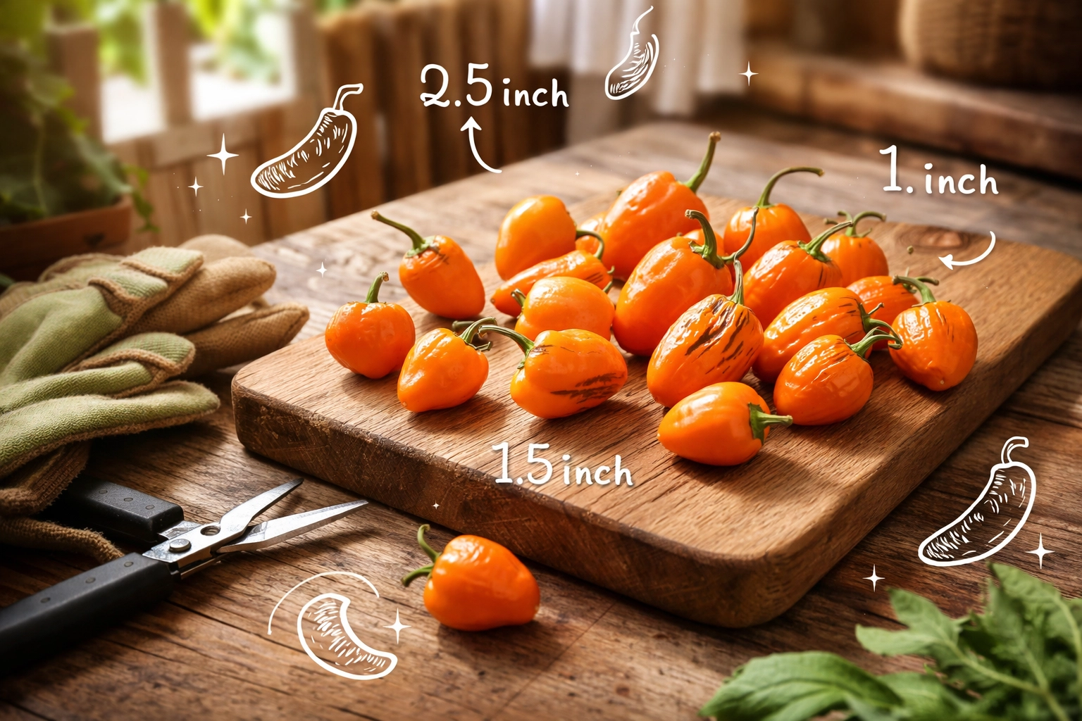 Freshly harvested ripe habanero peppers with visible growth lines on a wooden cutting board