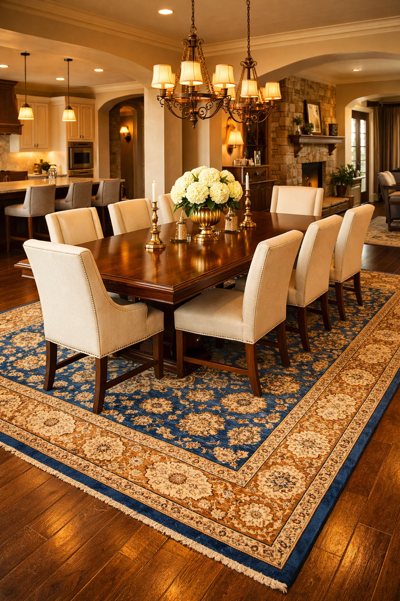 Large sapphire oriental rug sized correctly under a dining table in an open-concept living space.