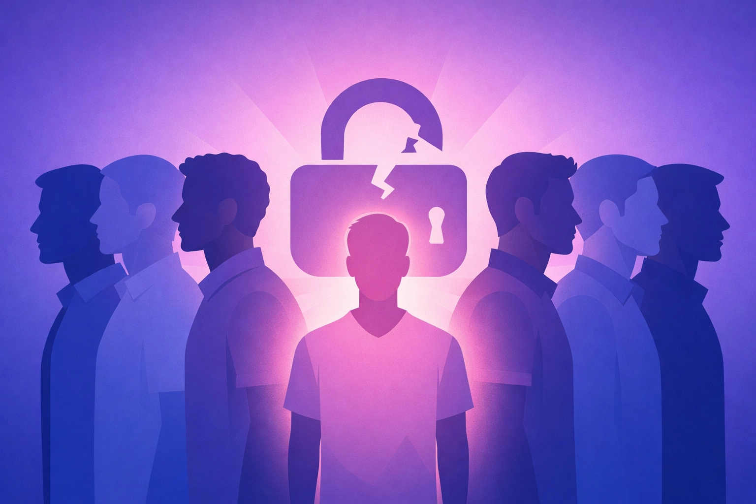 Symbolic art of a broken padlock representing the challenge of reporting male student abuse and trauma.