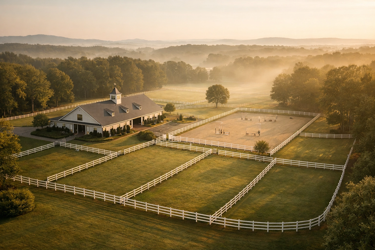 Aerial view of Charlotte horse farm with pastures, barn, and riding arena at sunset