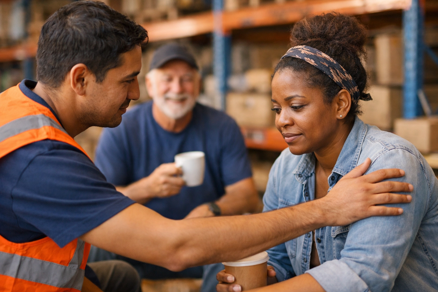 Warehouse worker offering support to coworker showing workplace safety team connection
