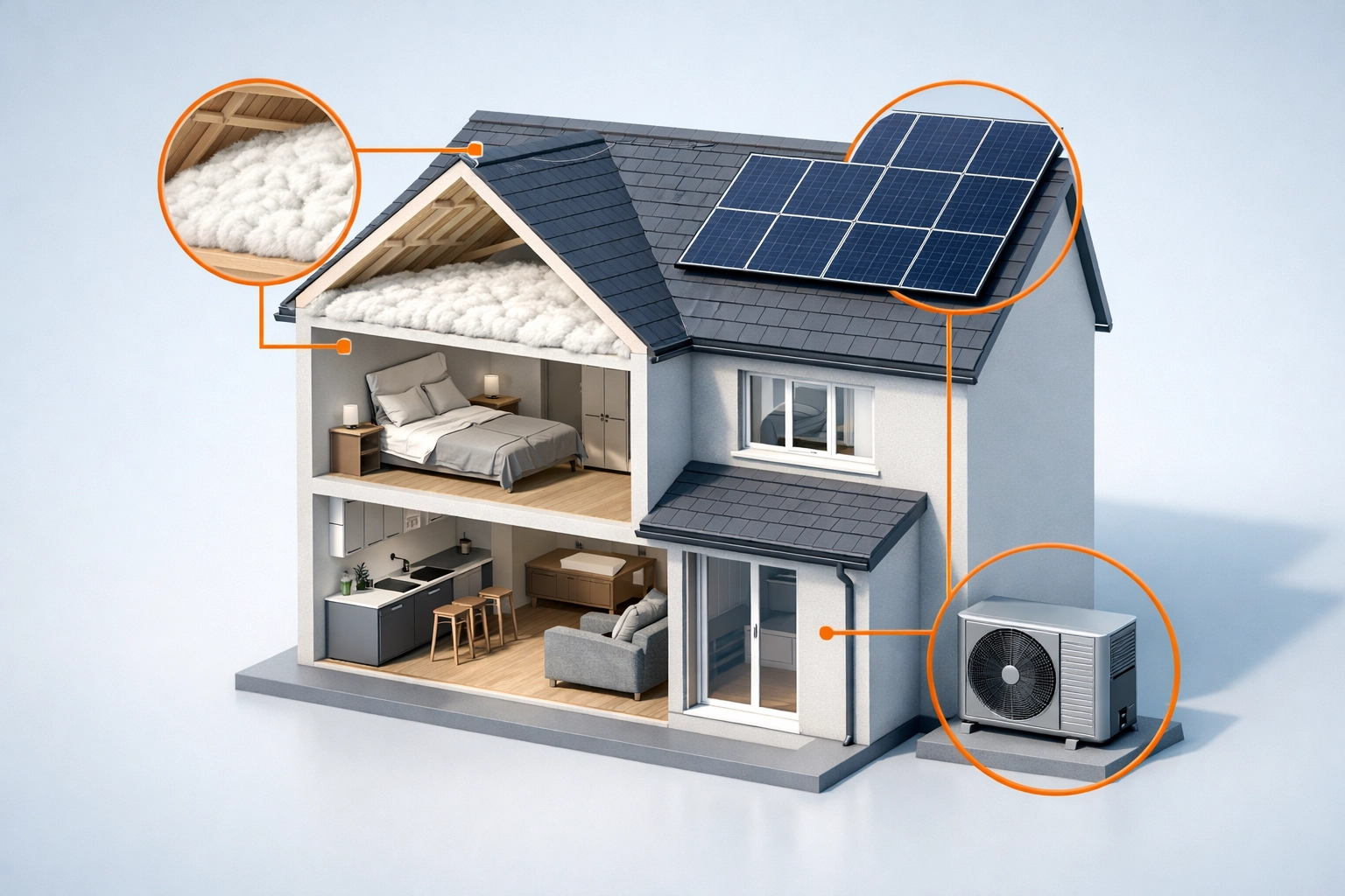 Home energy upgrades showing loft insulation solar panels and heat pump