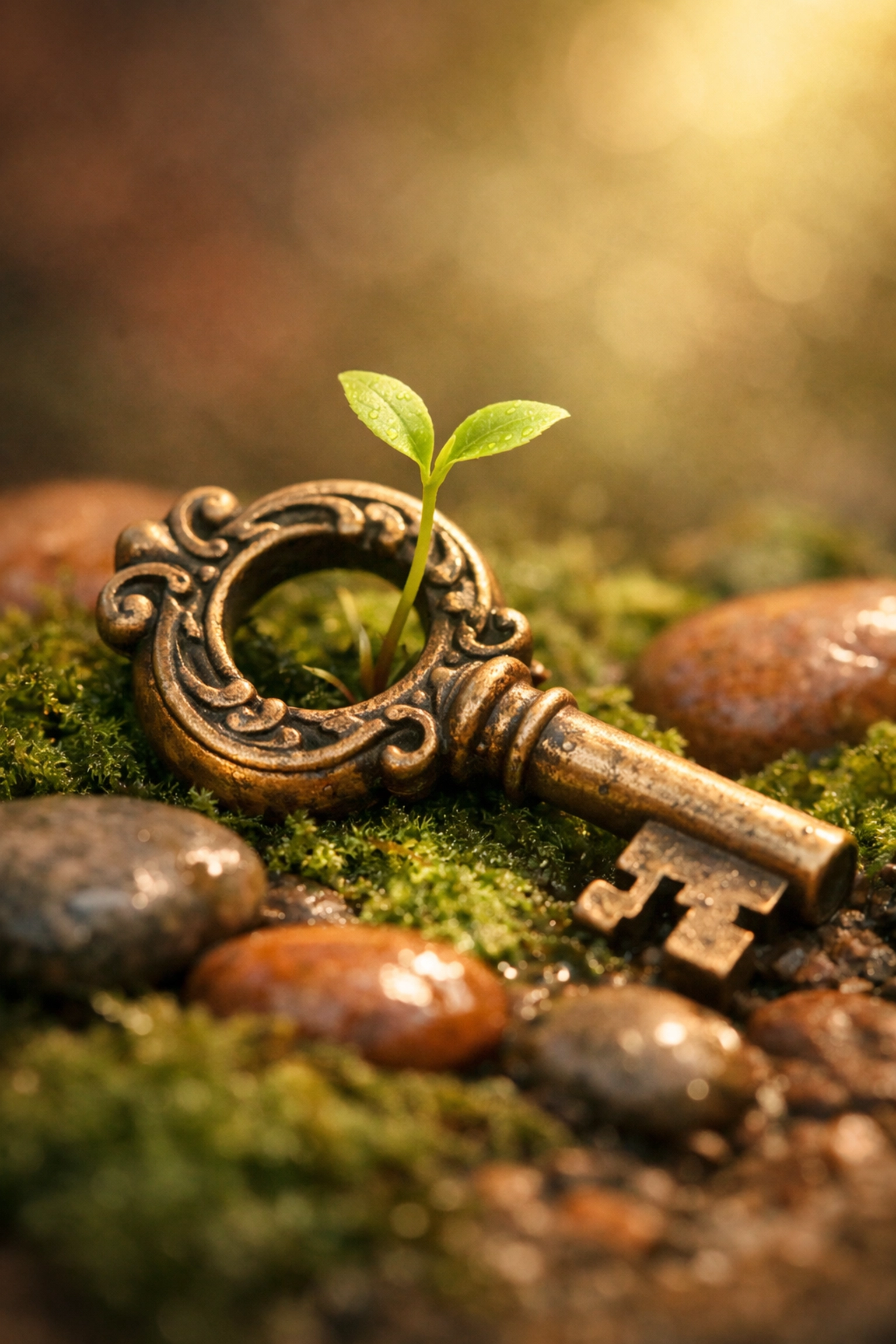 A green sprout growing through a brass key, representing inner growth and unlocking healing potential.