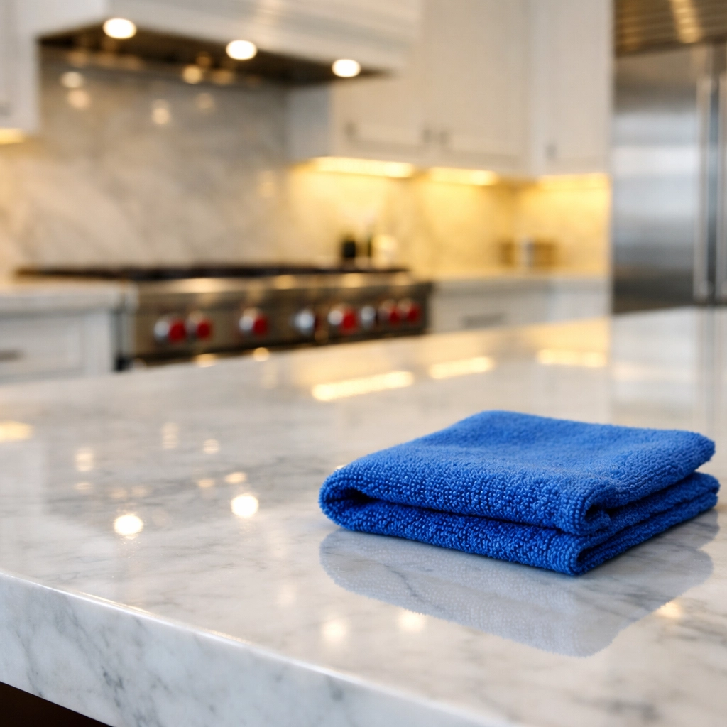 Polished Carrara marble island reflecting high-quality residential cleaning Massachusetts kitchen detailing.