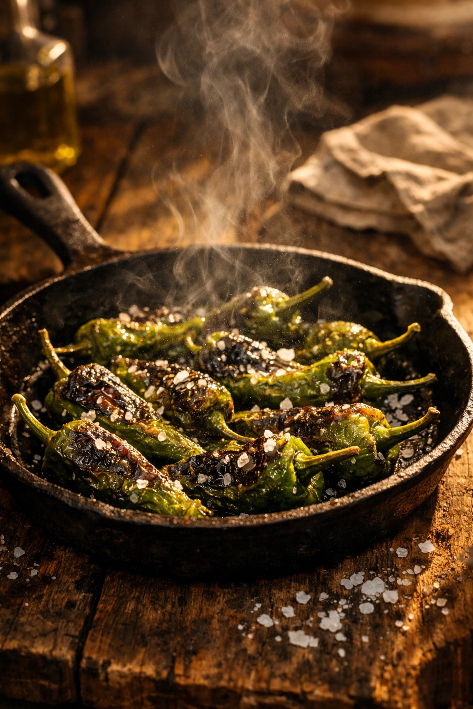 Blistered Padrón peppers with sea salt in cast iron skillet
