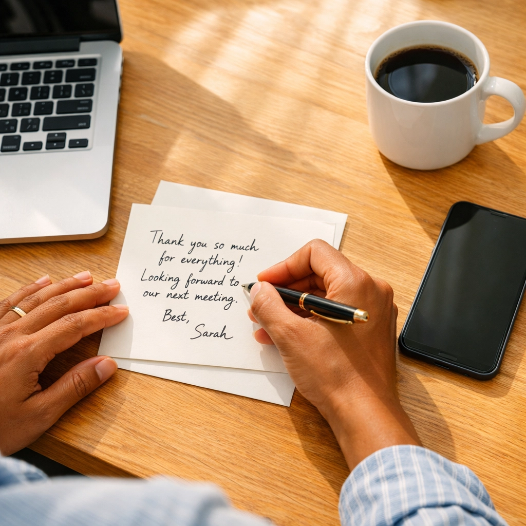 Person writing follow-up thank you note to maintain professional relationship after rejection