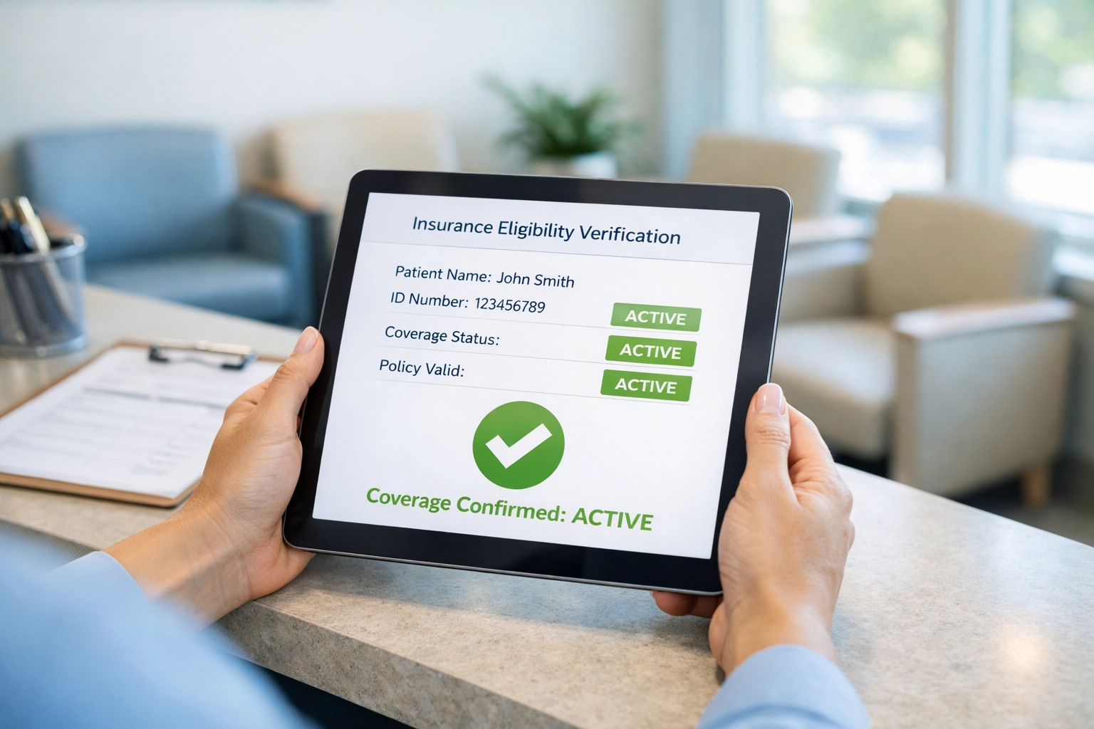 Therapy clinic receptionist verifying patient insurance eligibility on tablet at front desk