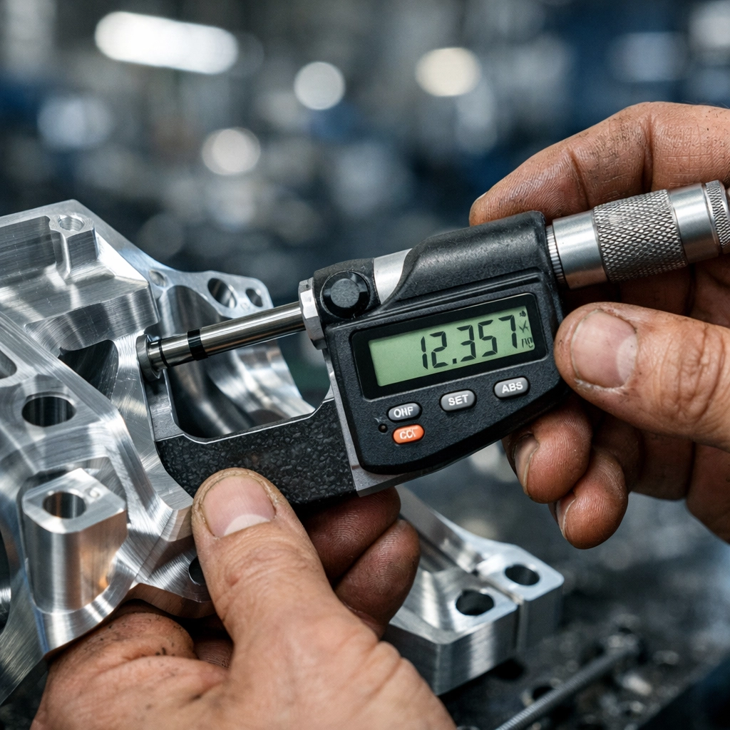 Machinist measuring a precision part, highlighting the need for manufacturing E&O insurance in CT.