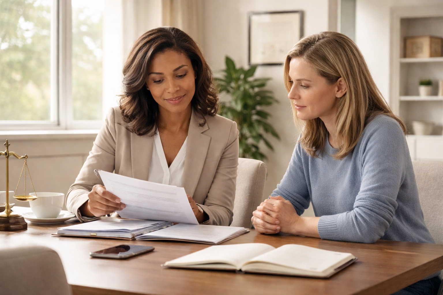 Two women meeting in a law office discuss same-sex divorce rights and parental concerns in Fredericksburg VA