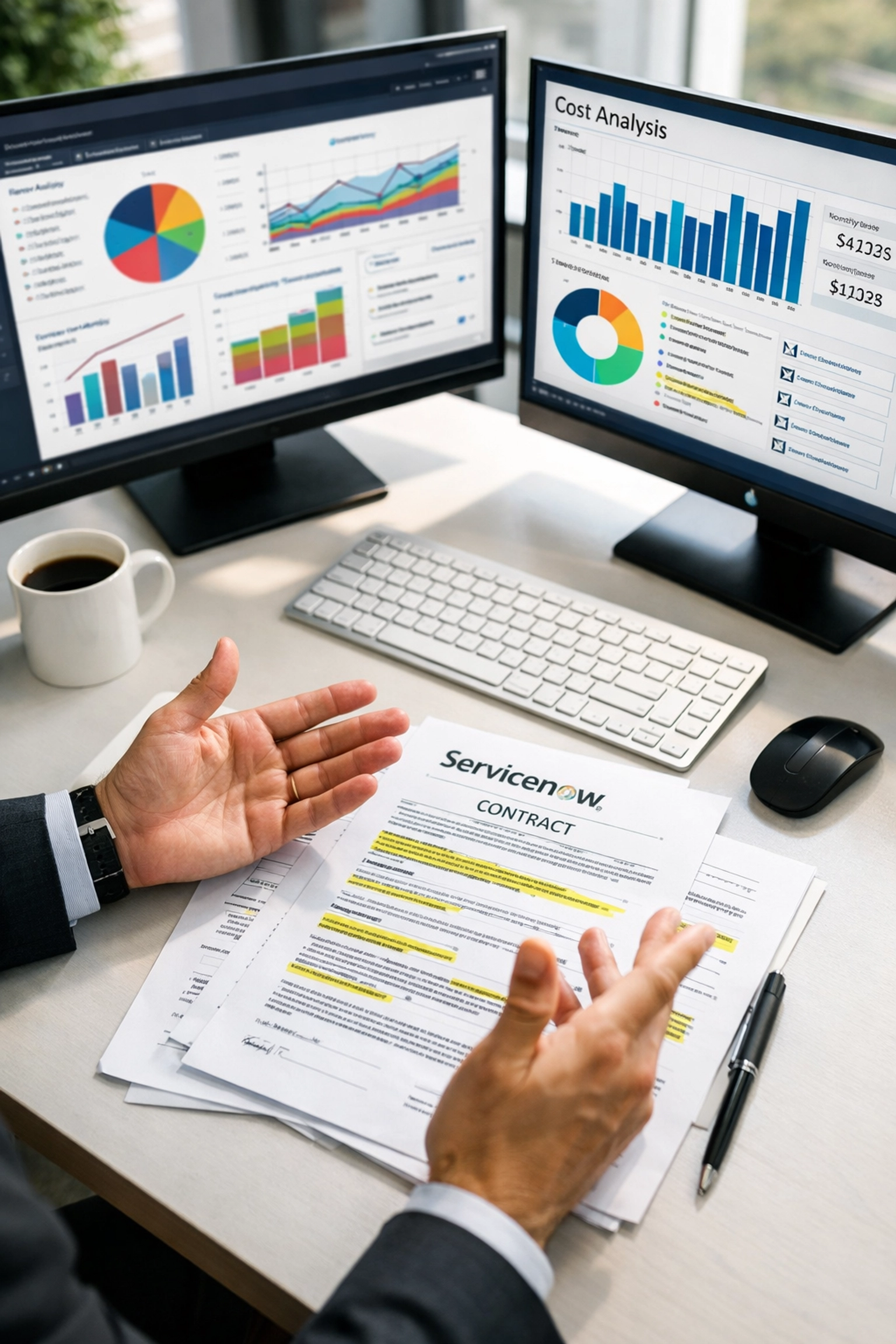 ServiceNow contract analysis workspace with cost dashboards and highlighted ITOM pricing documents