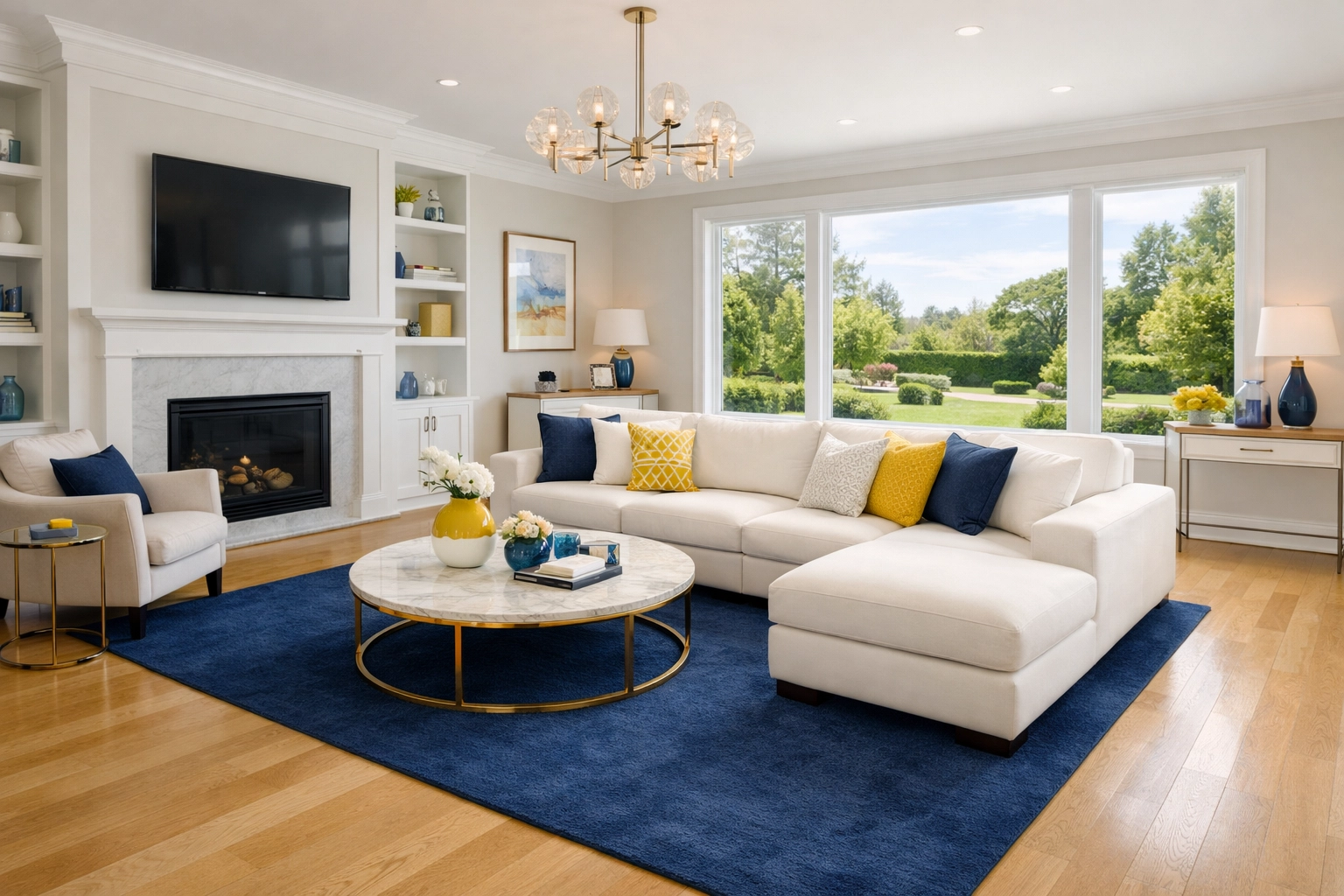 Spotless living room with oak floors following a thorough post construction cleaning Milford service.