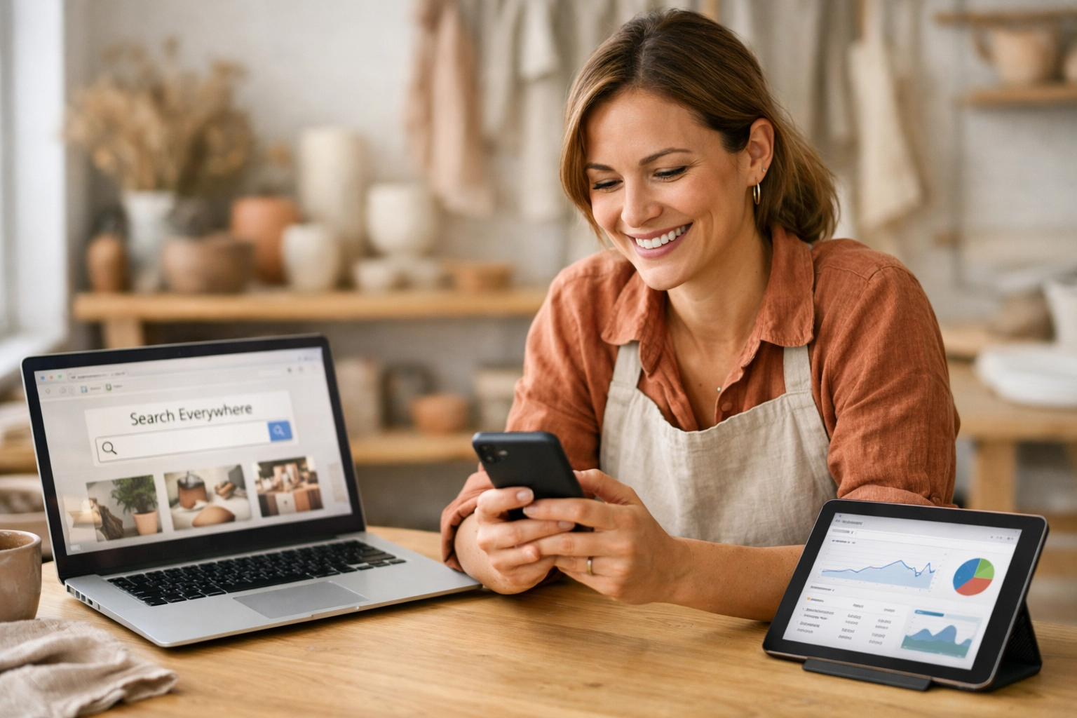 Small business owner tracking local SEO services results across multiple mobile and desktop devices.