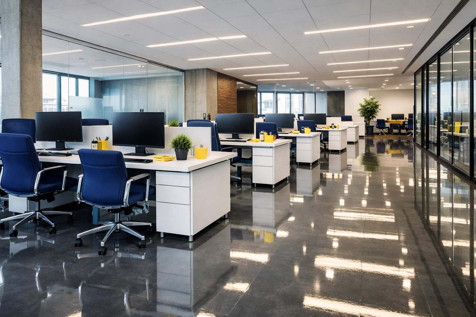 Sparkling office cleaning Worcester MA results in a modern commercial workspace on Shrewsbury Street.