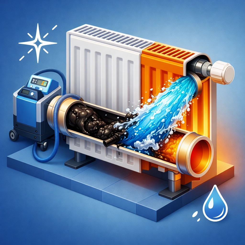 Professional radiator power flush removing debris and sludge to restore central heating efficiency in a Surrey home.