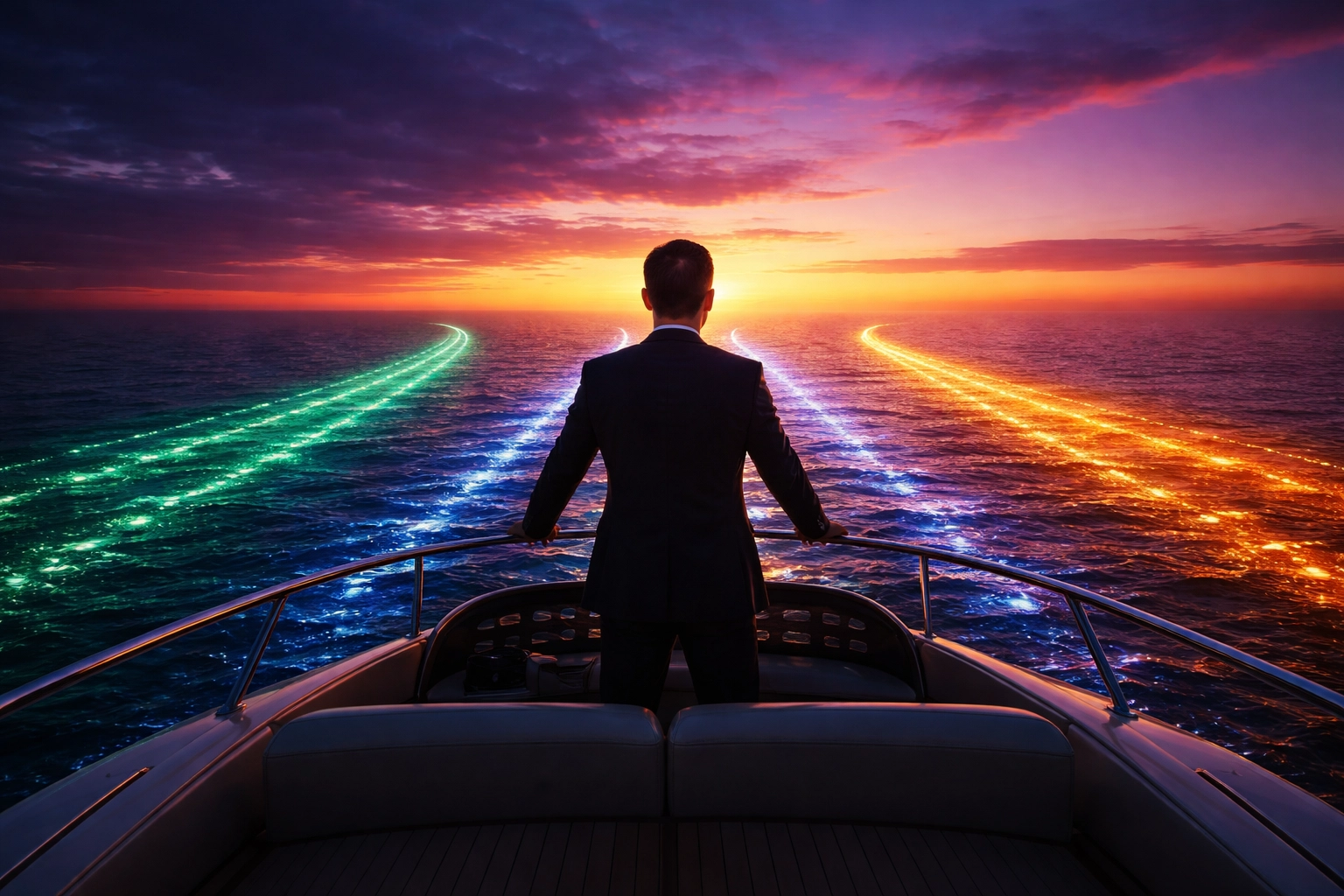 Investor on yacht surveying multiple investment paths, symbolizing strategic diversification in 2026.