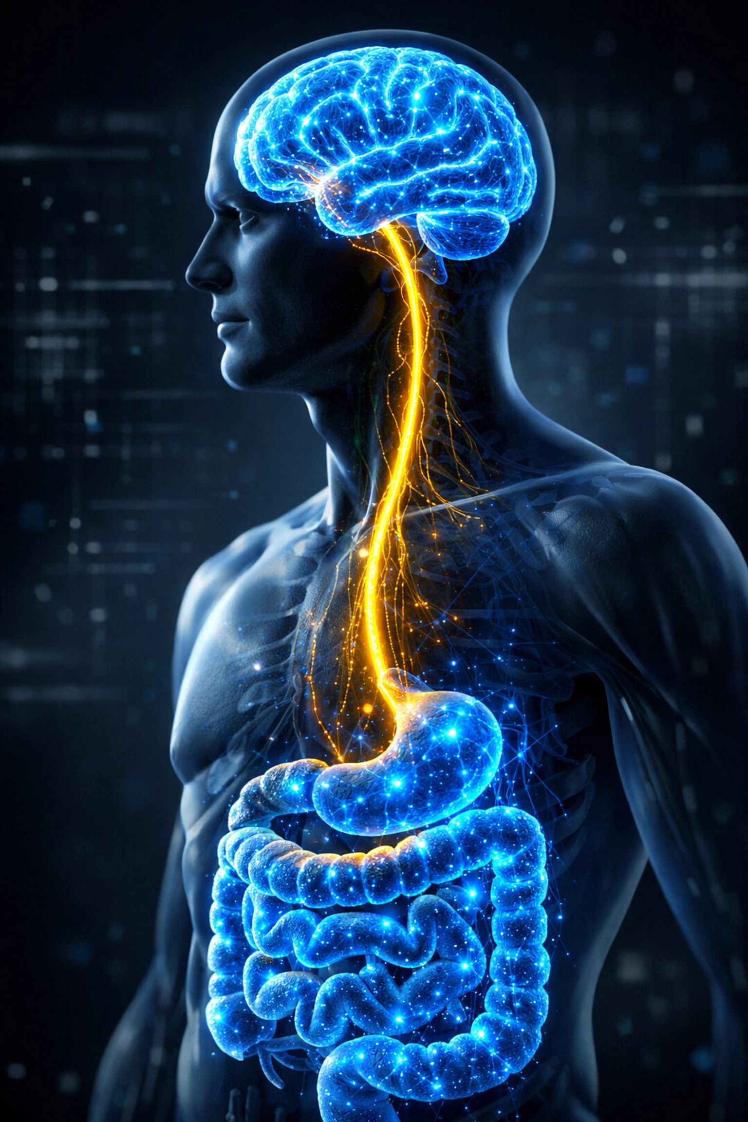 Illustration of the Vagus nerve signaling pathway between the human brain and gut microbiome.